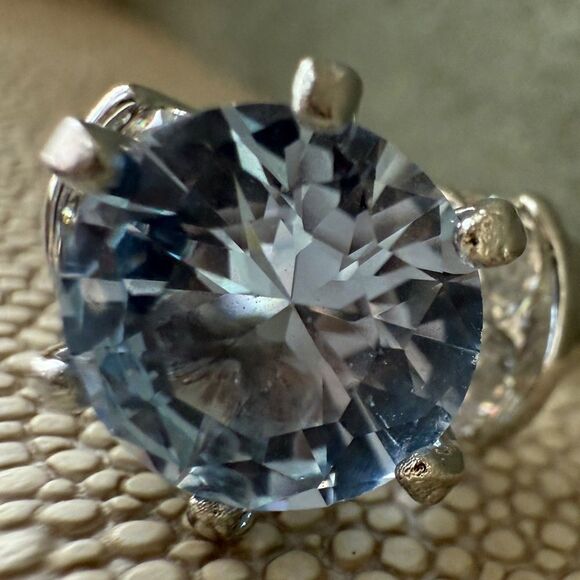 Statement Silver Tone Ring Large Blue Stone Round Cut Side Accents Size 9 - Picture 8 of 17